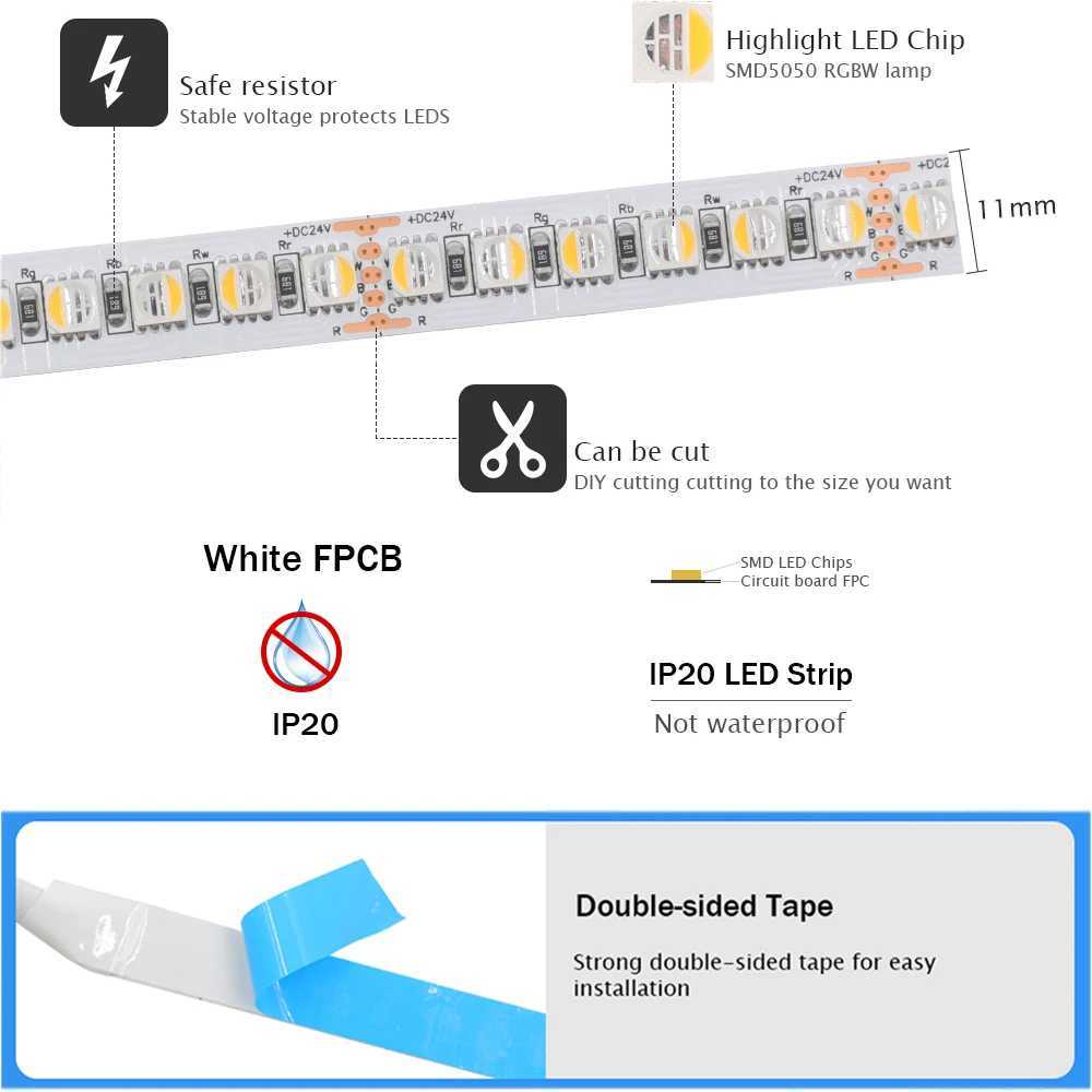 RGBW RGBWW LED Strip DC 12V 24V 4 Colors In 1 Chip SMD 5050 60 108 120 Leds/M Flexible Ribbon Tape Rope Light W250701