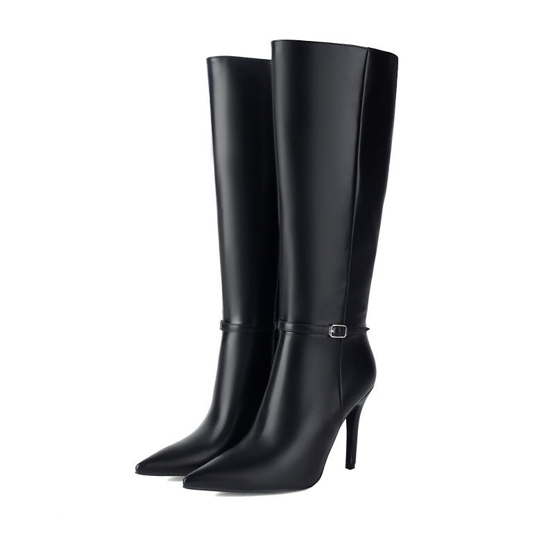 Women's Pointed Toe Stiletto Knee-High Boots - Biker-Inspired Buckle Detail, Side Zipper, Microfiber Leather Fashion Riding Boots