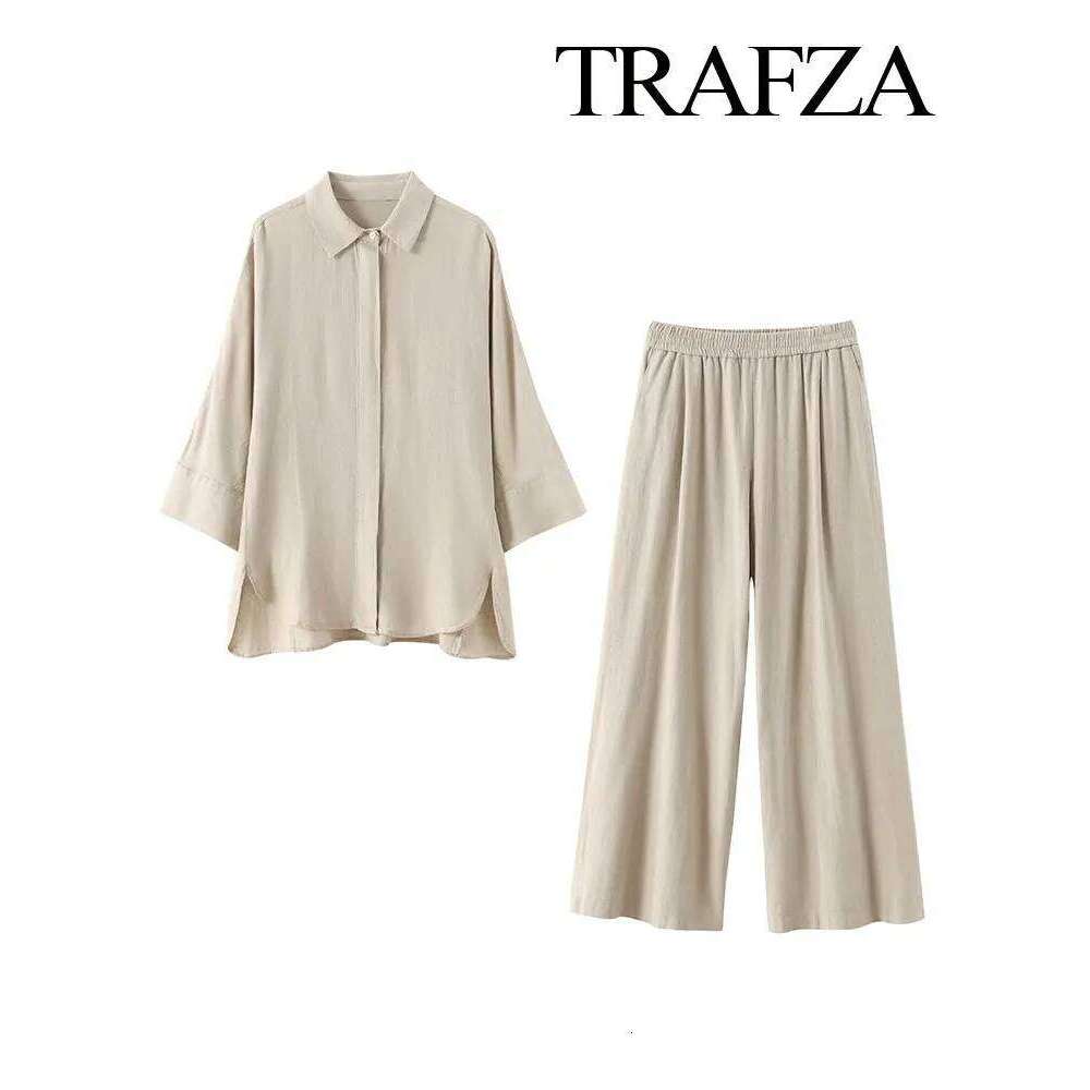 hoodie Women's Wear TRAFZA Women 2 Piece Set Elastic Waist Pocket Folds Decorate Wide Leg Pants+Solid Single-Breasted Slit Hem Blouse Top jacket