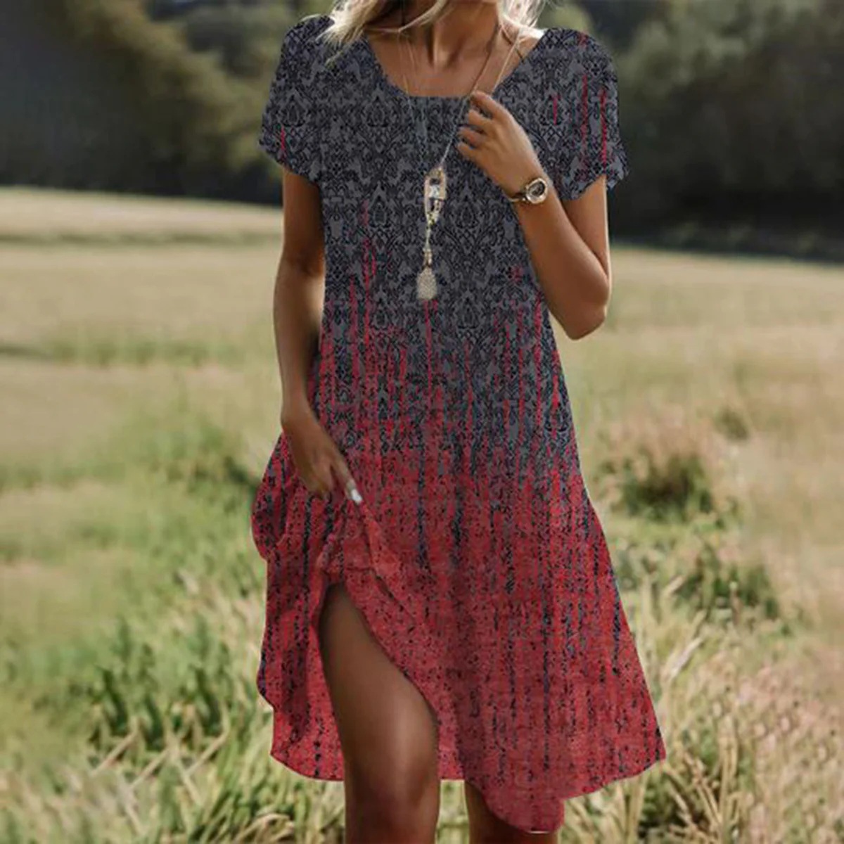 H720Summer hot sale literary folk style large round neck mid-length dress