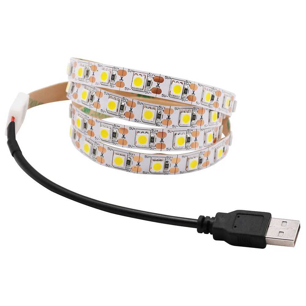 5V USB LED Strip 5050 Cold white/Warm white TV Background Lighting 60LEDs/m USB Clip Connector 30cm 50cm 1m 2m 3m 4m 5m Set. W250701