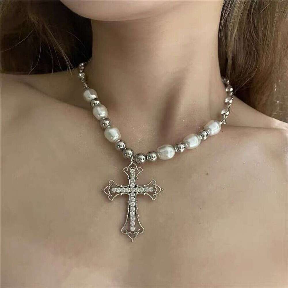 DHCollections Punk Pearl Choker Necklace - Gothic Cross Pendant Chain for Men & Women | Hip Hop Retro Jewelry (38cm+10cm Extender)