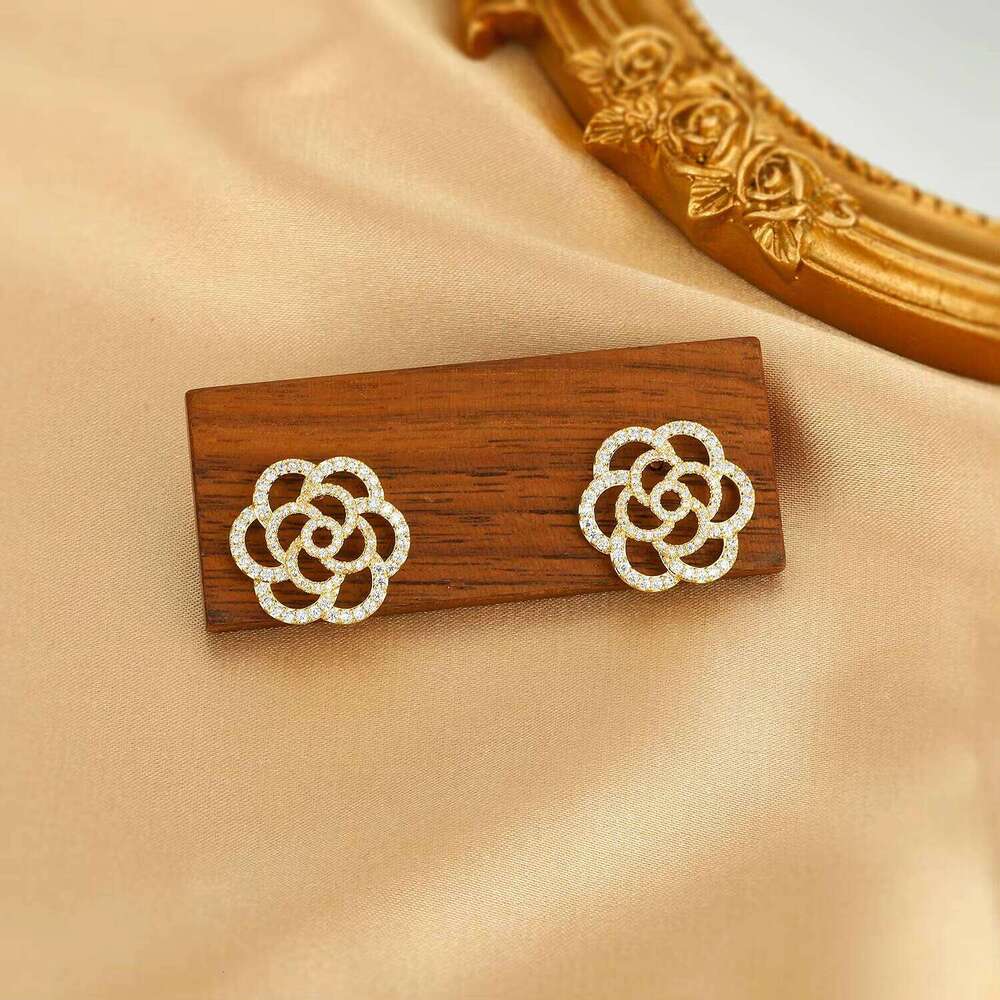 DHcollections Double-Sided French Rose Cubic Zirconia Stud Earrings, 14K Gold/Silver Plated, Elegant Floral Design, Hypoallergenic Earrings for Women