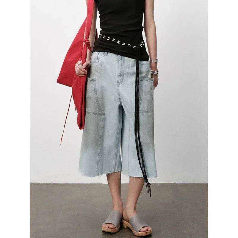 hoodie Wear American Vintage Y2k 2000S Blue Cargo Jeans Women Haruku Oversized Baggy Pants Summer Streetwear Retro Denim Shorts jacket