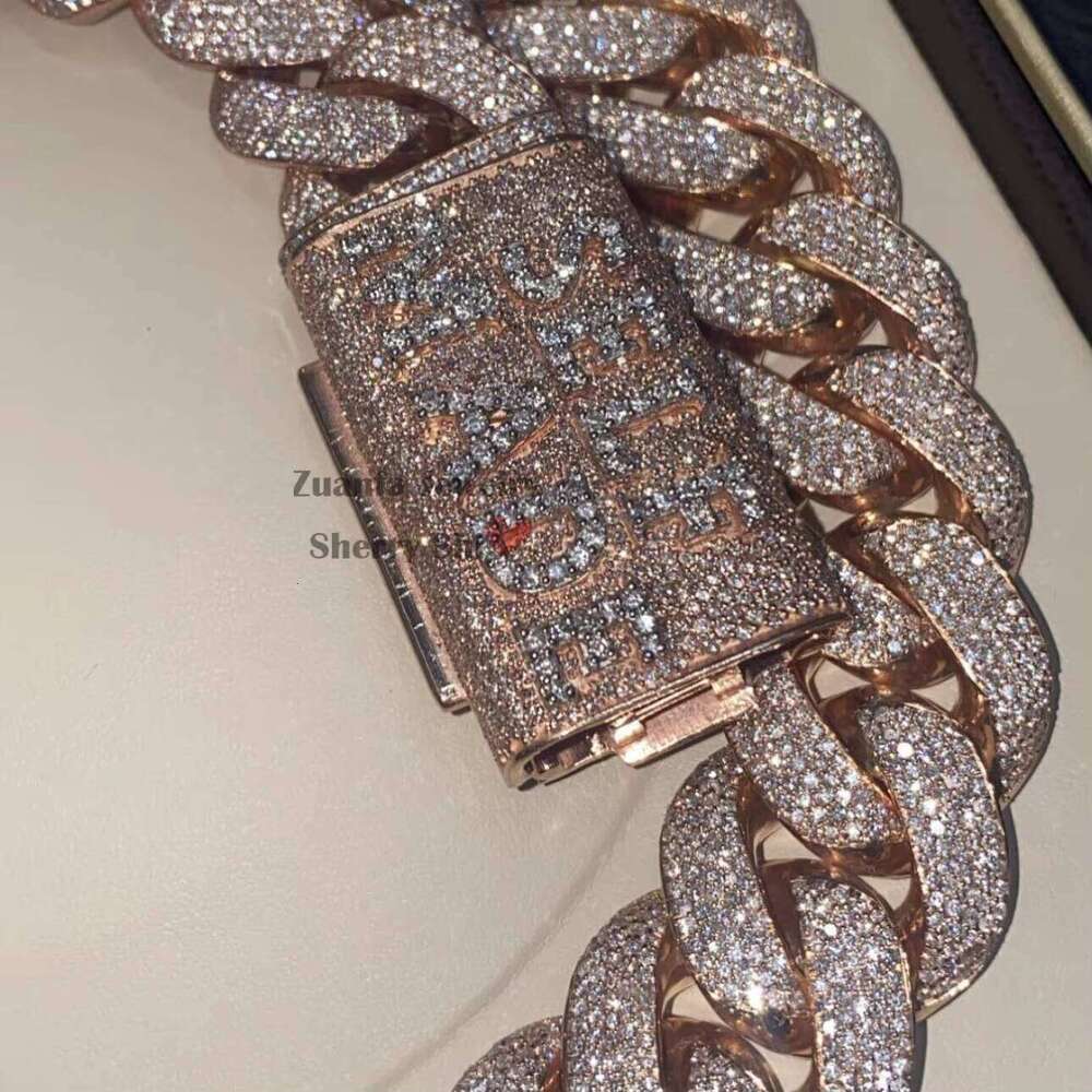 Zuanfa Jewelry Hip Hop Rose Gold Made Miami VVS Moissanite Dia Cuban Link Chain With Custom Name Clasp 25M