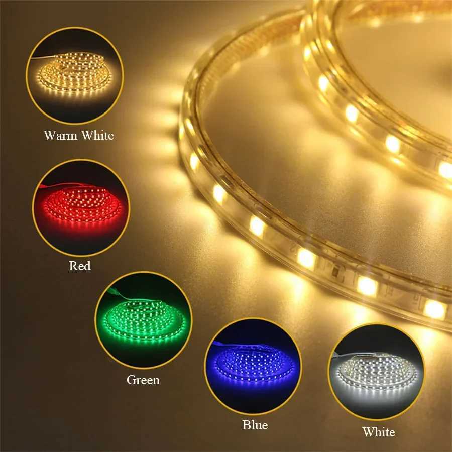 Ac220V LED Strip Lights EU Plug SMD5050 60Leds/M Waterproof Lamp Tape Warm/Cool White Red Blue Green Flexible Ribbon Lighting W250701