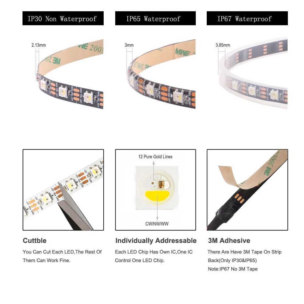 SK6812 RGBW (Similar to WS2812B) LED Strip Light 4 in 1 30/60/144Leds/Pixels/m Individually Addressable LED Tape IP30/IP65/IP67 DC5V W250701