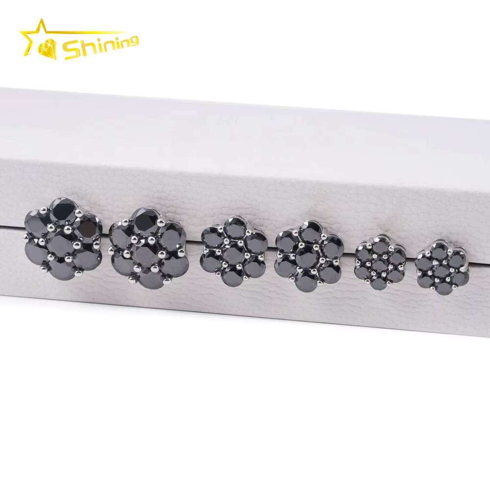 Premium Jewelry Black Dia Hip-Hop Iced Out Sterling Sier Flower Pyroxene Earrings