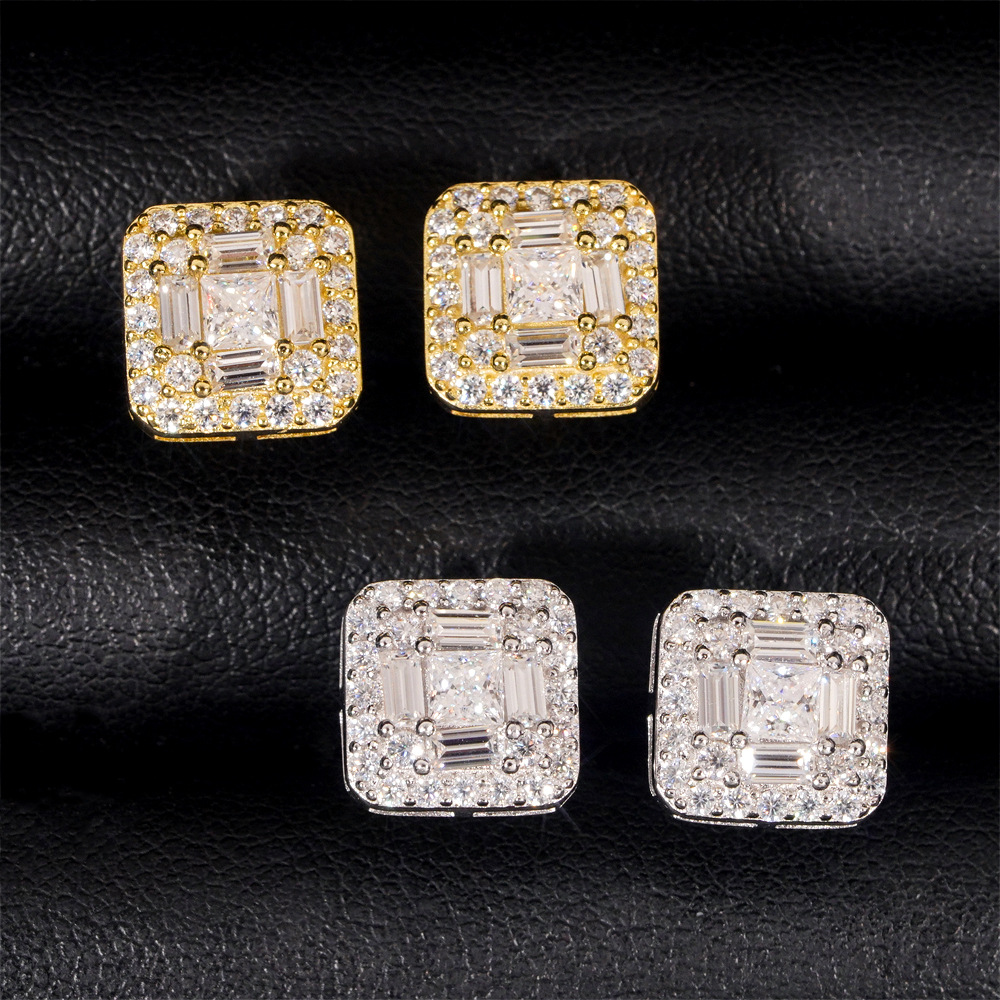 Fashion Fire Jewelry Men Iced Out Hip Hop Sterling Silver 10mm square Shape Screw Back Moissanite Diamond Stud Earrings
