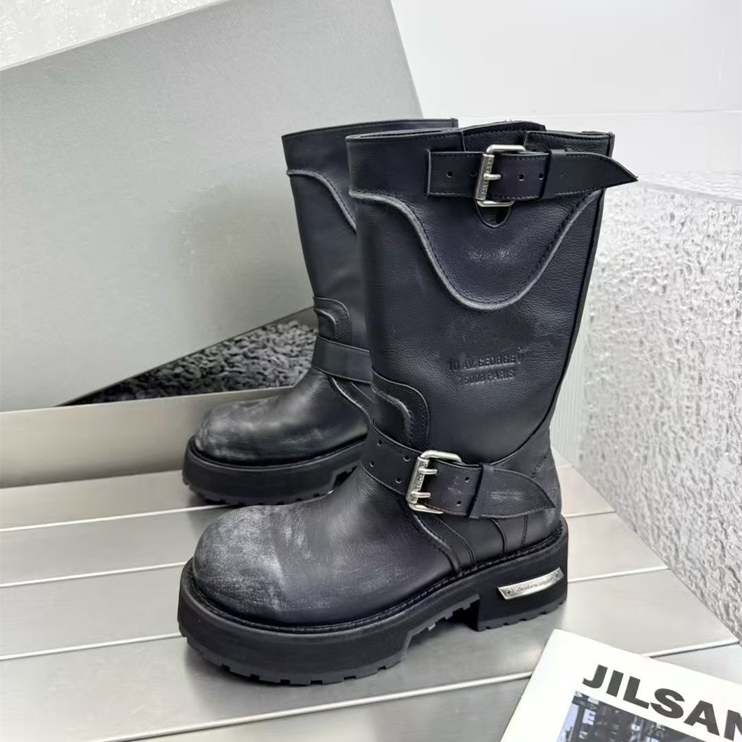 Real Leather Catwalk Vintage Made Broken Thick sole Raised Punk locomotive fashion Motorcycle Boots