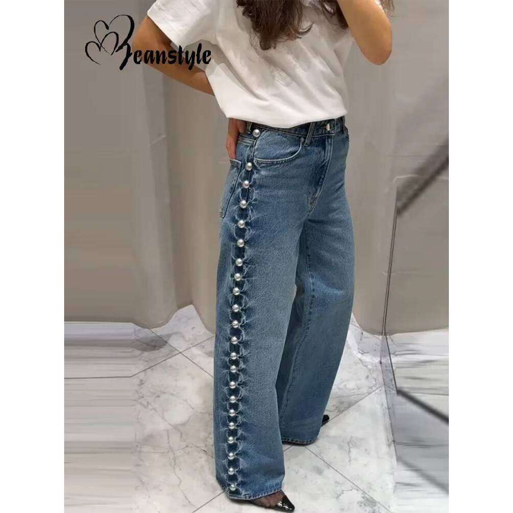 hoodie Wear Bead Women's Denim Jean Loose High Waisted Pockets Zipper All-Match Straight Leg Trouser Female Y2k Street Lady Outwear jacket
