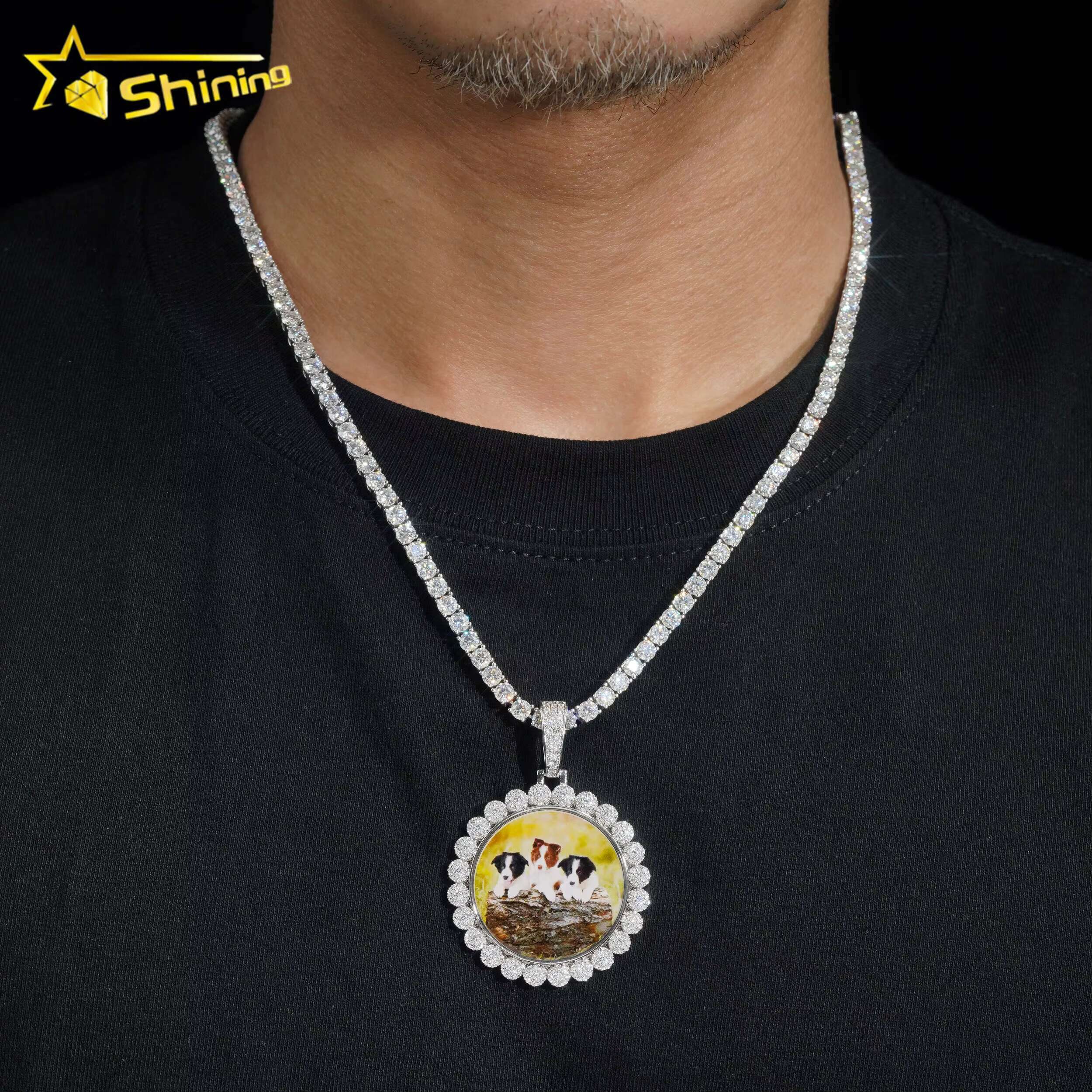 Custom Memory Flower Frame Iced Out 925 Silver Moissanite Picture Photo Pendant for Tennis Chain