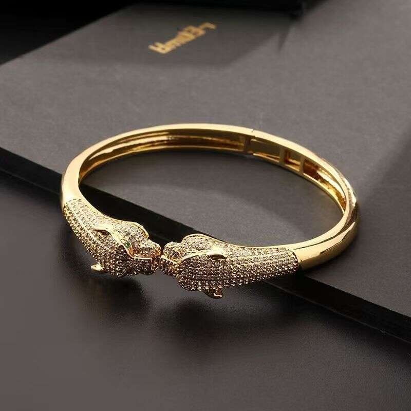 DHCollections Leopard Print Open Cuff Bracelet - 18K Gold Plated Hip Hop Bangle with Zircon Stones | Animal Jewelry for Women & Men