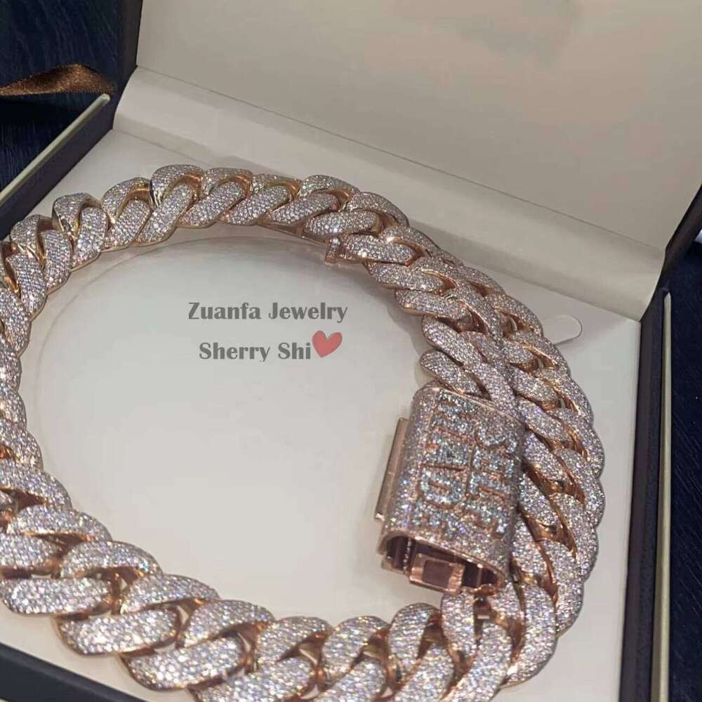 Zuanfa Jewelry Hip Hop Rose Gold Made Miami VVS Moissanite Dia Cuban Link Chain With Custom Name Clasp 25M