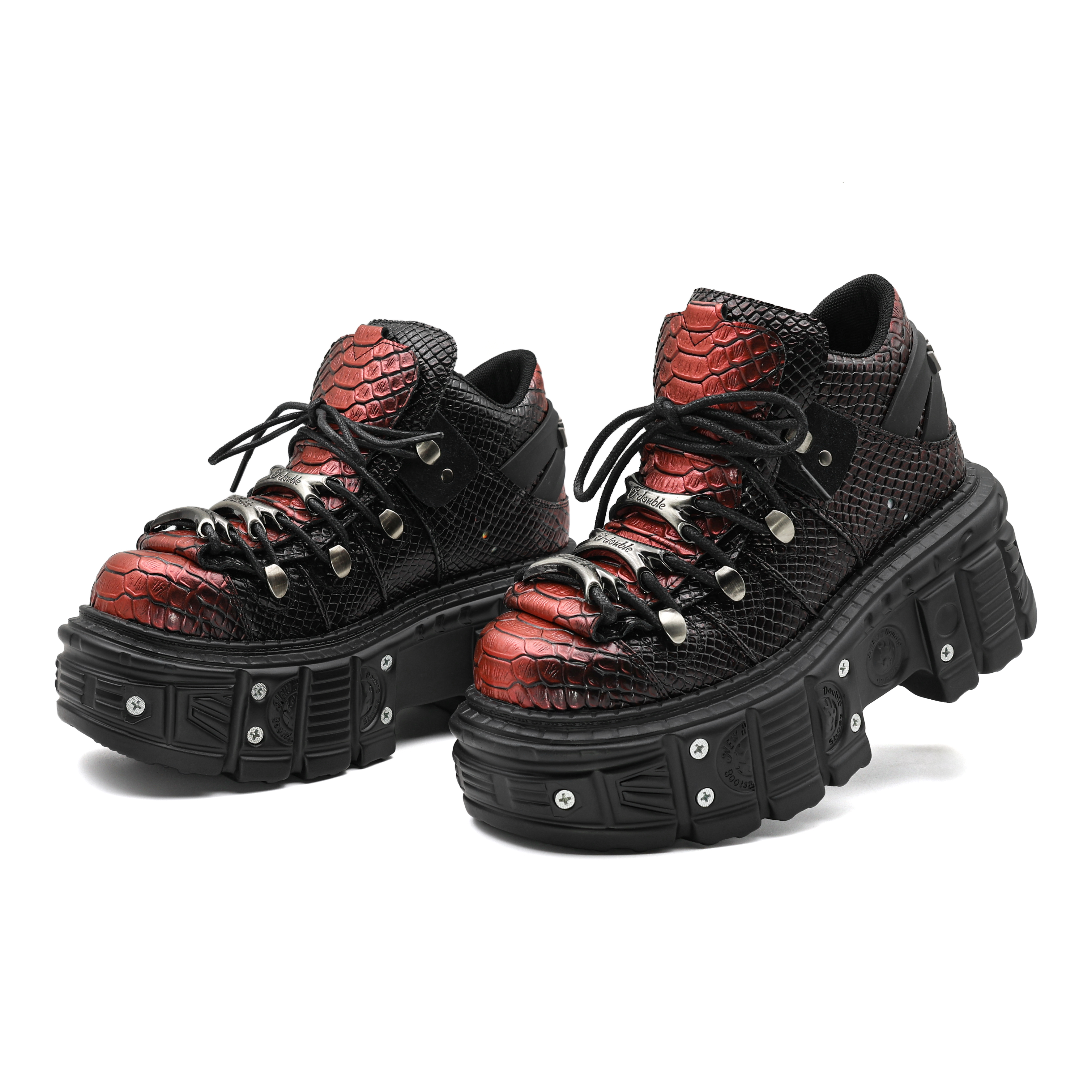 Height-Increasing Women's Summer Punk Shoes Thick-Soled, High-Tops in Elegant Wine Red & Snake Print