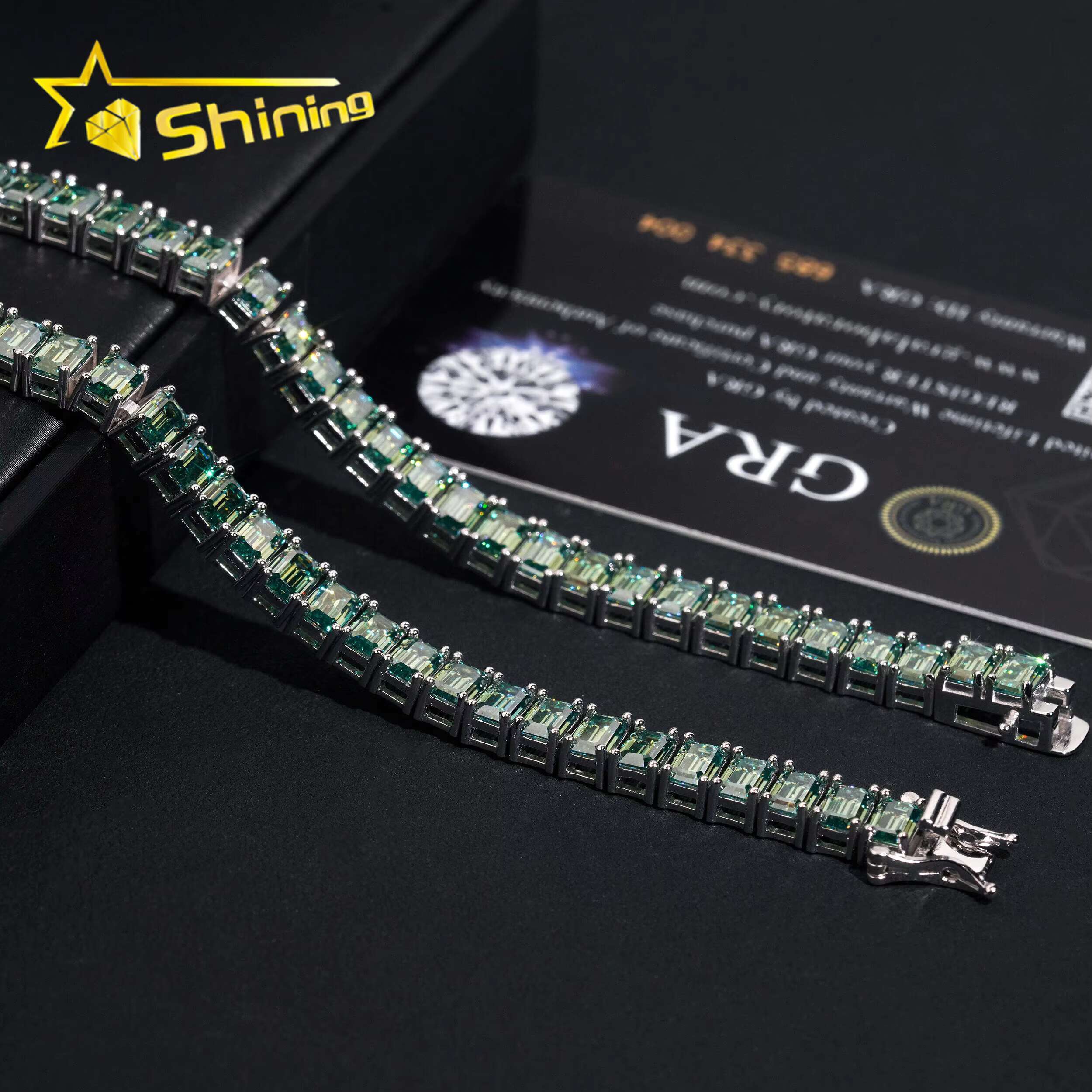Trendy 925 Silver Blue Green Emerald Cut Moissanite Gemstone Bracelet Hip Hop Iced Out Men Women Moissanite Tennis Bracelet