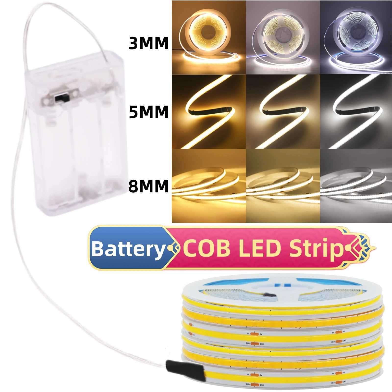 5V COB LED Light Strip AA Battery Powered Flexible Ribbon Diode 3MM 5MM 8MM RA90 High Density Linear Lighting Adhesive Tape W250701