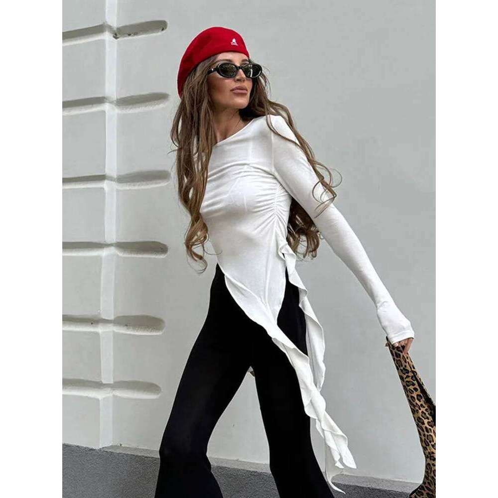 hoodie Wear Irregular Tassel Women T-Shirts Autumn Solid New Full Sleeve O-Neck Shirring Slim Tops Female Wild Trend Street Clothing jacket