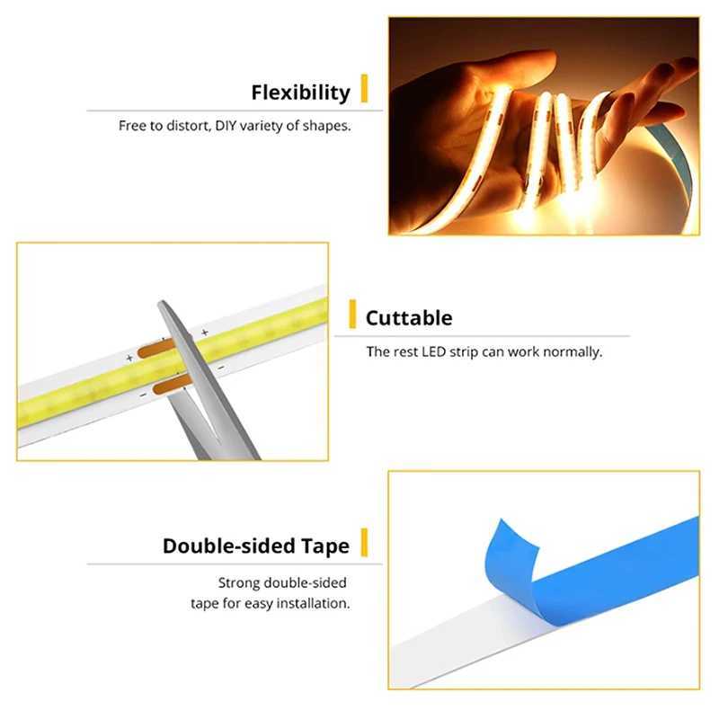 1-5M COB LED Strip Light USB Power Touch Switch Dimmable For Indoor Lighting Living Room Bedroom Wardrobe TV Background Kitchen W250701