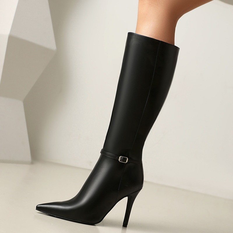 Women's Pointed Toe Stiletto Knee-High Boots - Biker-Inspired Buckle Detail, Side Zipper, Microfiber Leather Fashion Riding Boots
