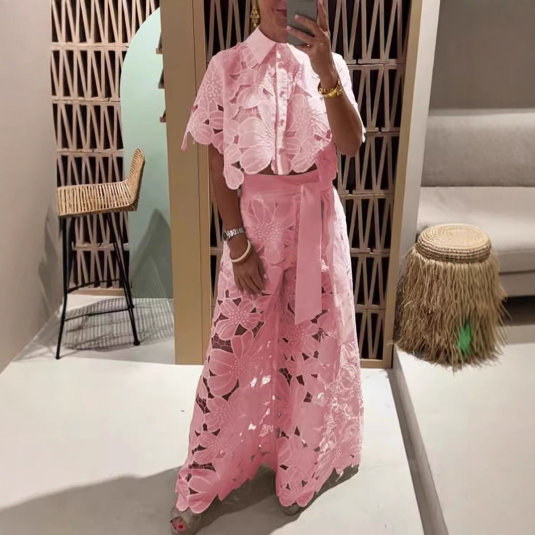 2025 Summer New Solid Color Sexy Hollow Open Top Wide Leg Pants Two Piece Set for Women 240315