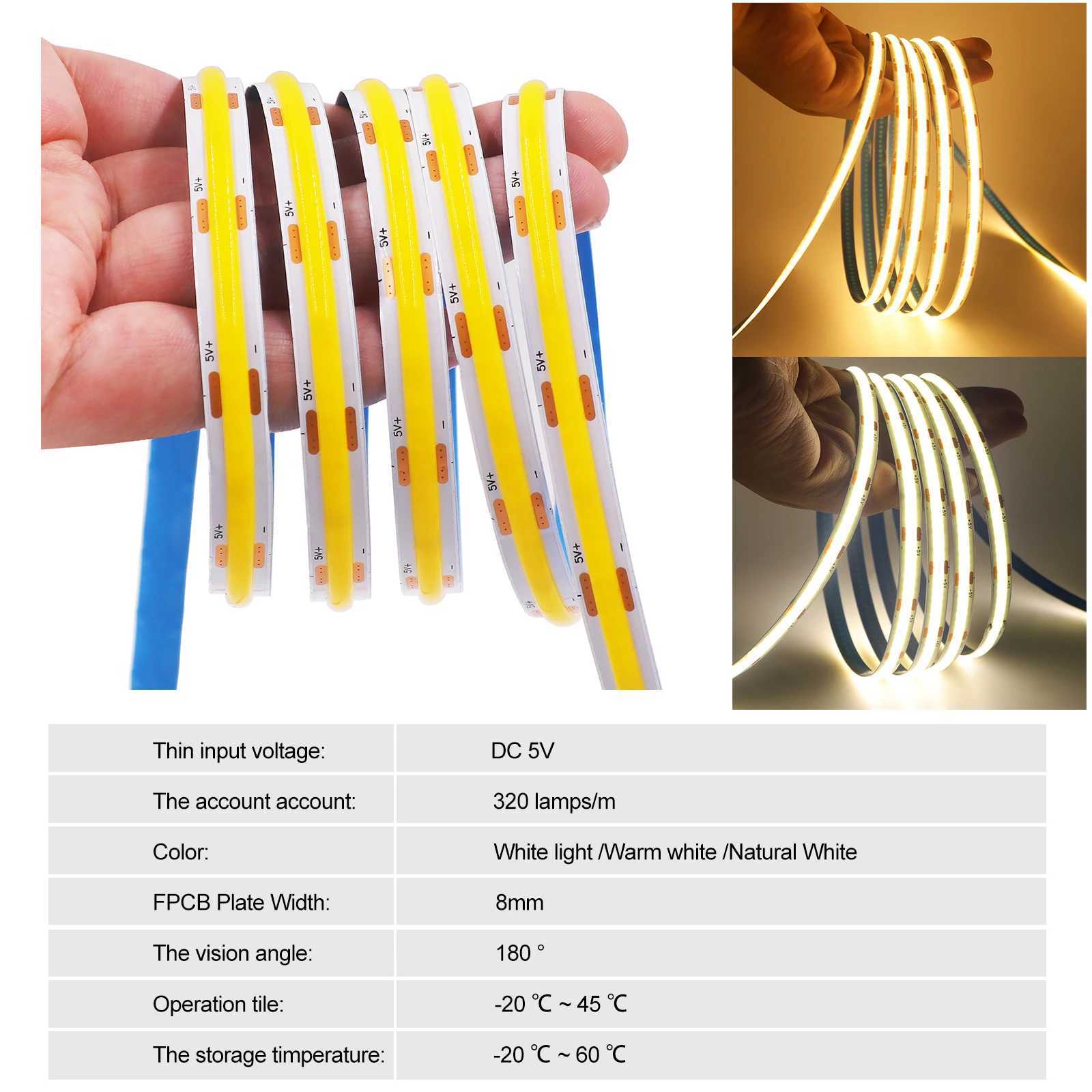 5V USB ON/OFF/Touch Dimmable COB Strip 320Leds White 3000K 4000K 6000K Home Decor Cabinet Lamp Flexible Ribbon Rope LED Light W250701