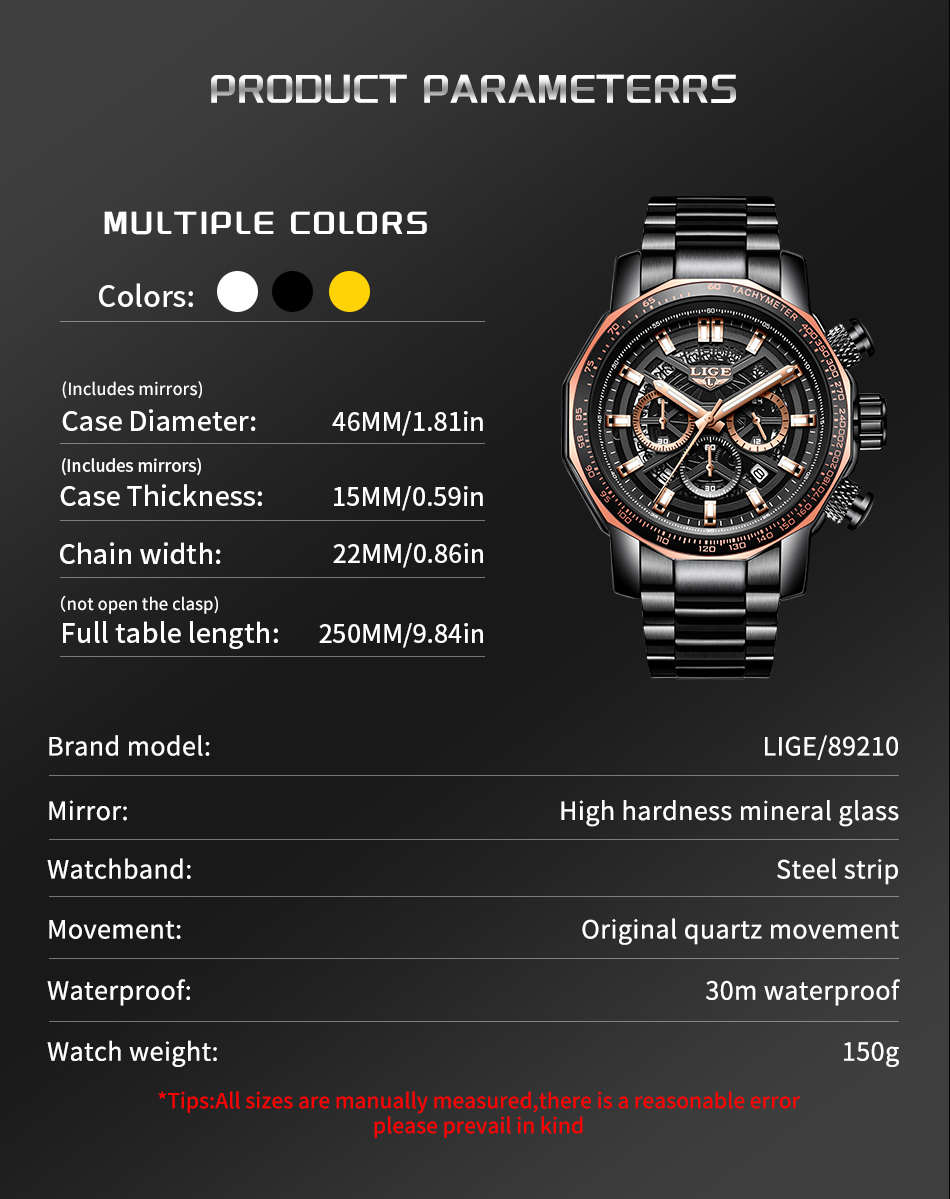 LIGE Men's Quartz Watch Waterproof Watch Top Brand Men's and Women's Universal Style Square Case Fashion Business Watch Holiday Gift Te