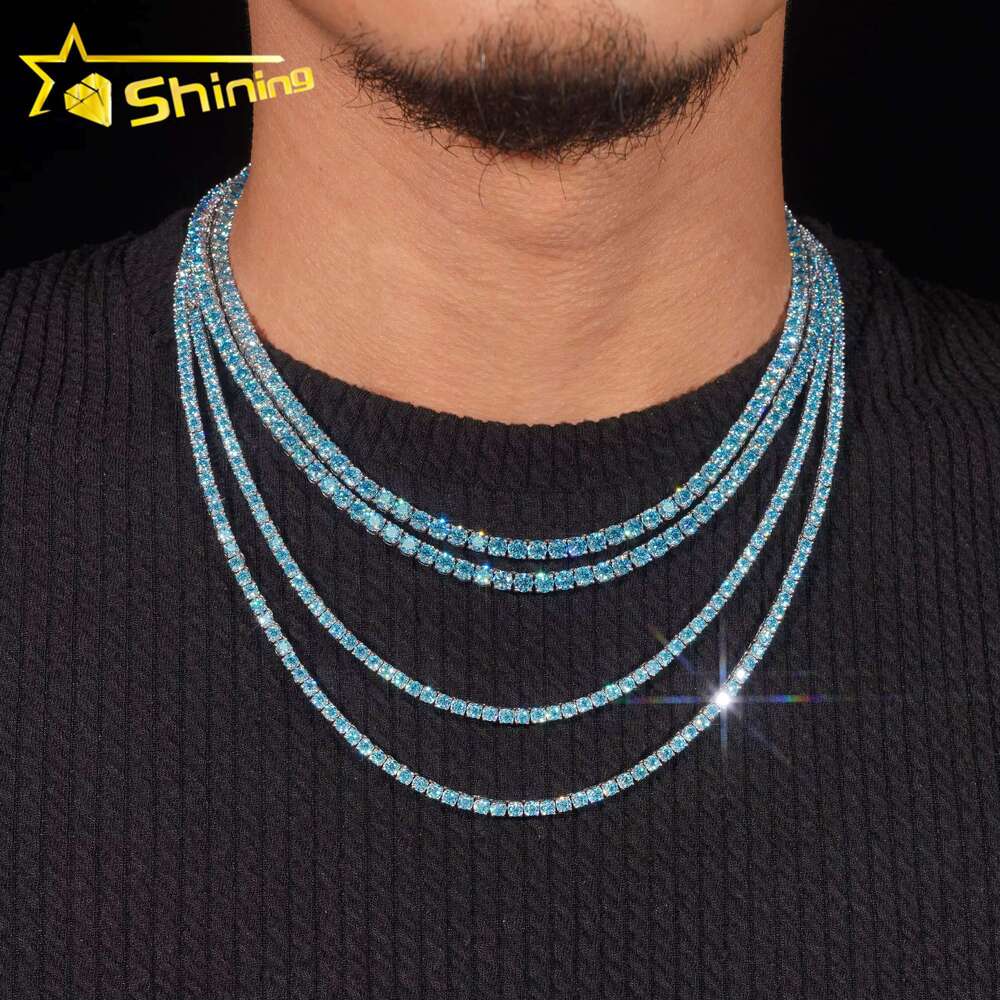 New Stocks 3mm 4mm Factory Wholesale Price Solid S925 Rhodium Plated Hip Hop Necklace Blue Color Moissanite Diamond Tennis Chain