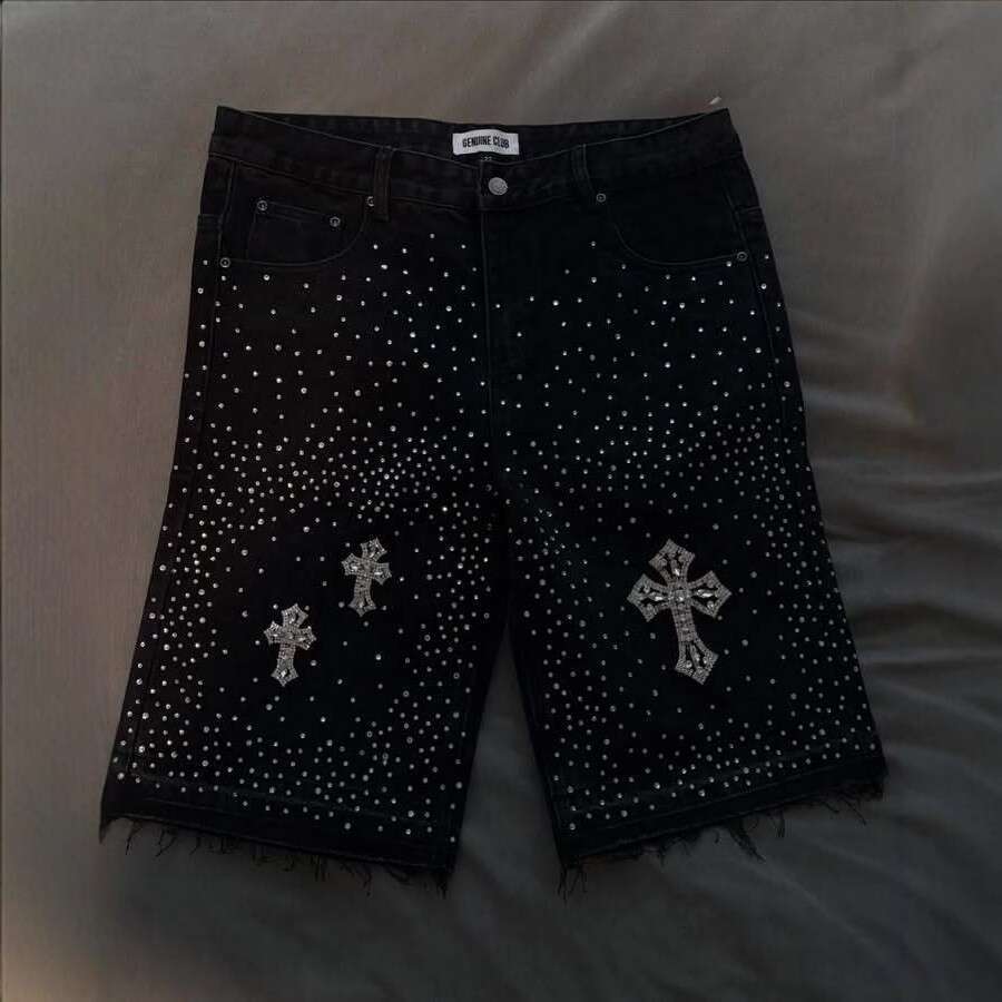 Rhinestone Irregular Denim Shorts Harajuku Hip Hop Street Style Unisex Black Loose Straight Leg Jeans