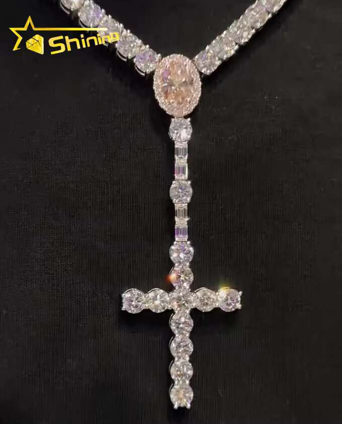 Trendy New Arrivals Iced Out 925 Tennis Chain Pendant Set Custom Made Manufacturer VVS Moissanite Diamond Cross Pendant Necklace