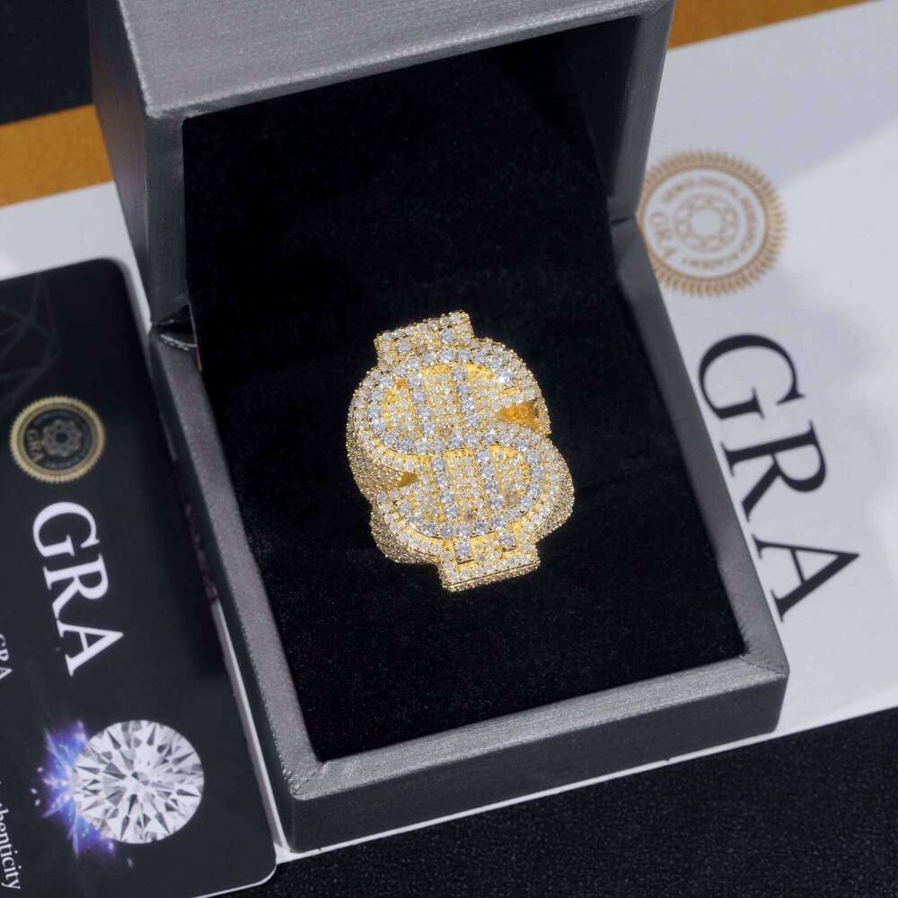 GRA Certificate High-Quality Silver and Gold Plated Premium Jewelry Iced Out Hip-Hop with Sandstone Dollar Ring