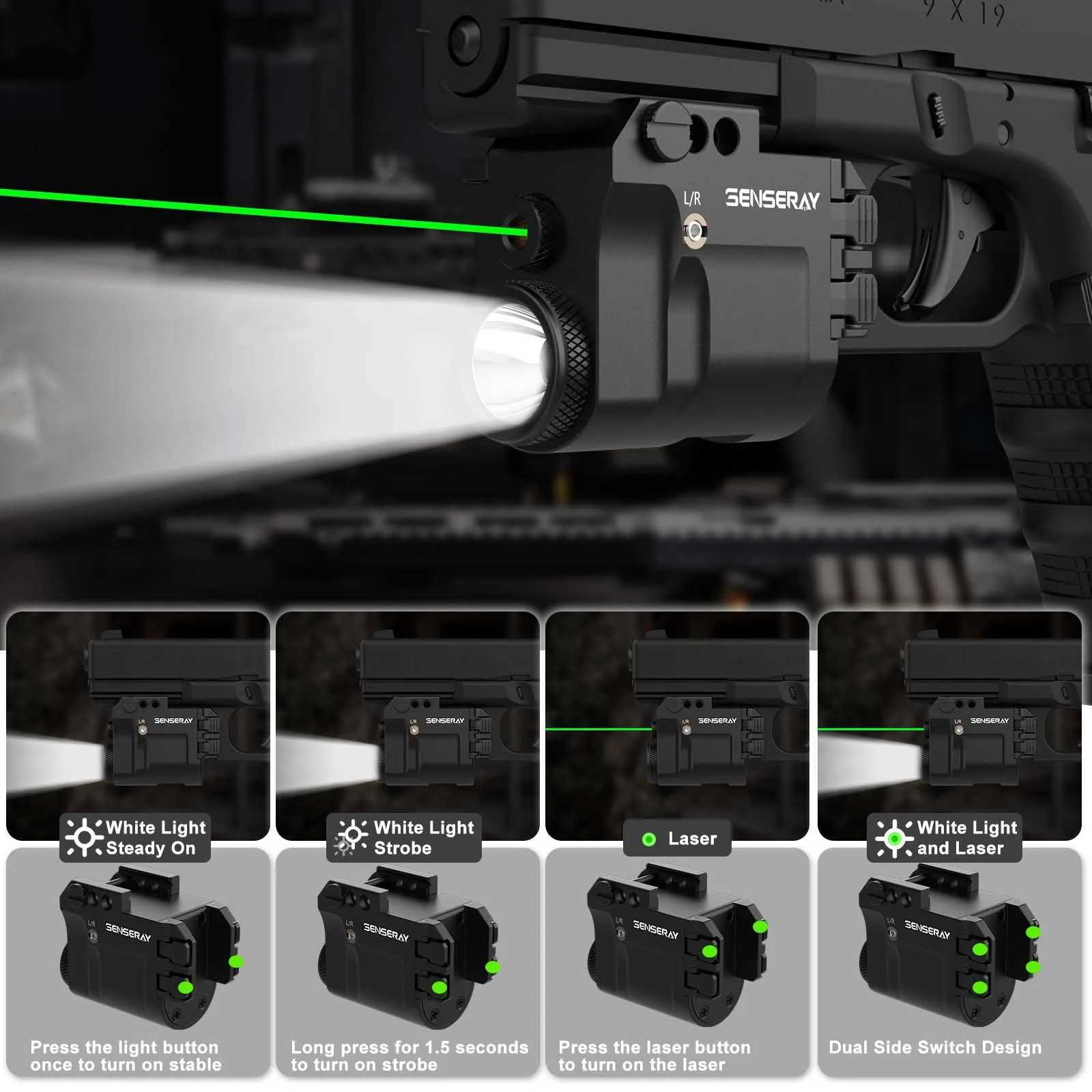 Pistol Light Green Laser Beam Combo Rechargeable Gun Light Strobe Magnetic Charging 1913 Picatinny Rail Mounted Flashlight XJ250701