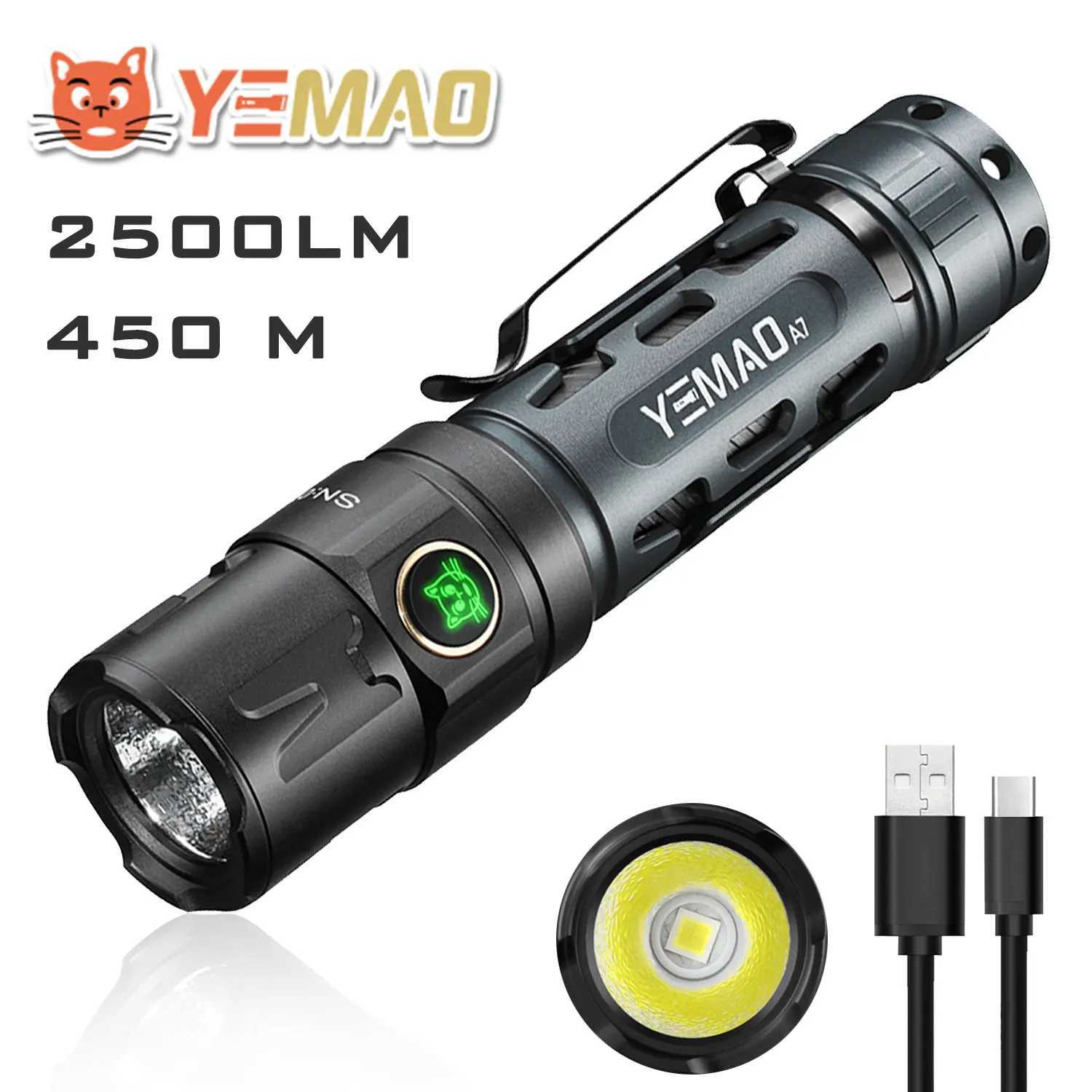 YEMAO New Upgrade A7 Tactical Flashlight 2200 Lumens LED Flashlight Rechargeable Dual Switch Torch 21700 Battery Powerful LightXJ250701