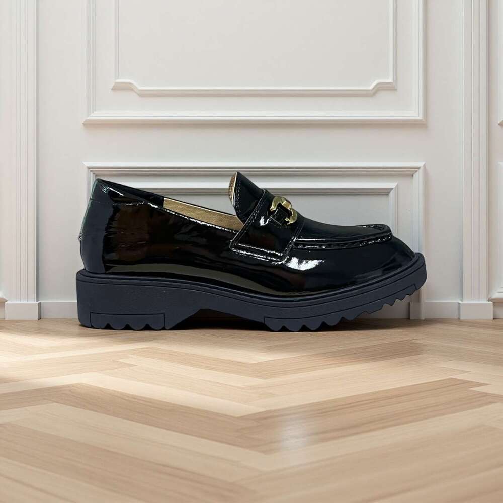 Stylish Platform Patent Leather Loafers - Classic Black with Metal Buckle Decorative Comfortable Casual Shoes Okimoz