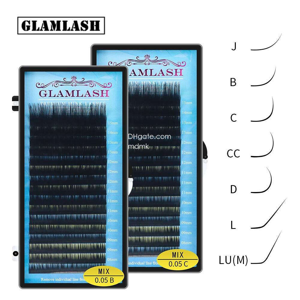 GLAMLASH Mix 7~15/15-20/20-25mm Handmade Korean Pbt J/B/C/D/L/LU(M) CURL Eyelash Extension Natural Soft Faux Mink Lash X250702