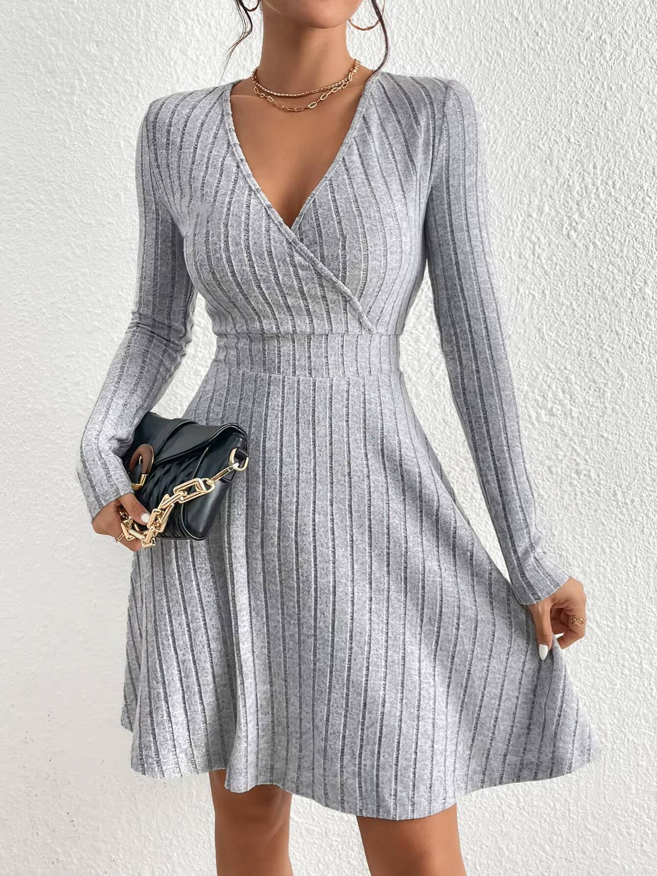 New for autumn/Winter 2024 Women Knit Slim Sexy Bodycon V-Neck Long Sleeve Solid Casual Midi Sweater Dress ddmysept ddmysept ddmysept