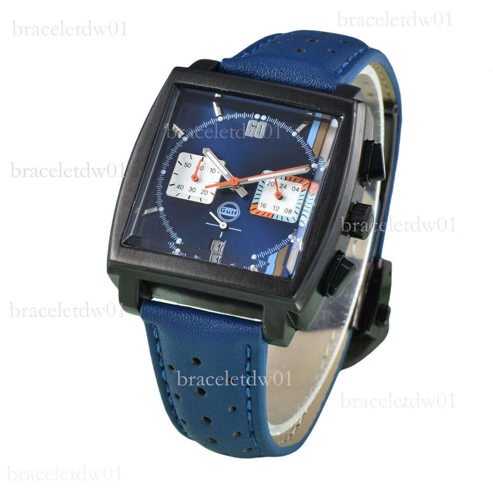 Dhcollections Designer Watches Monaco - Joint-brand Design By Gulf Oil - Limited Edition - Black And Navy Blue Combination - Square Shape With Leather Strap