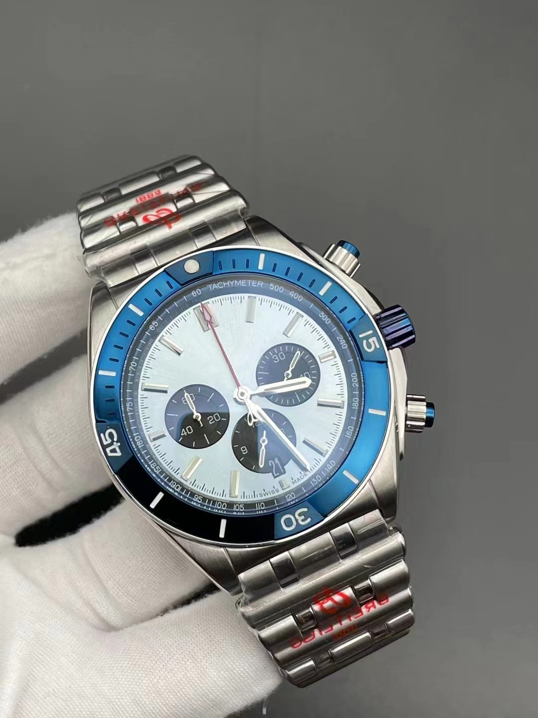 Hot Male Watches Steel Bracelet man watch quartz stopwatch style wristwatch 42mm Blue Face 033