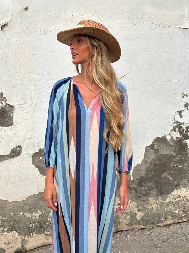 H712European and American autumn new sexy women's clothing V-neck long-sleeved striped dress female