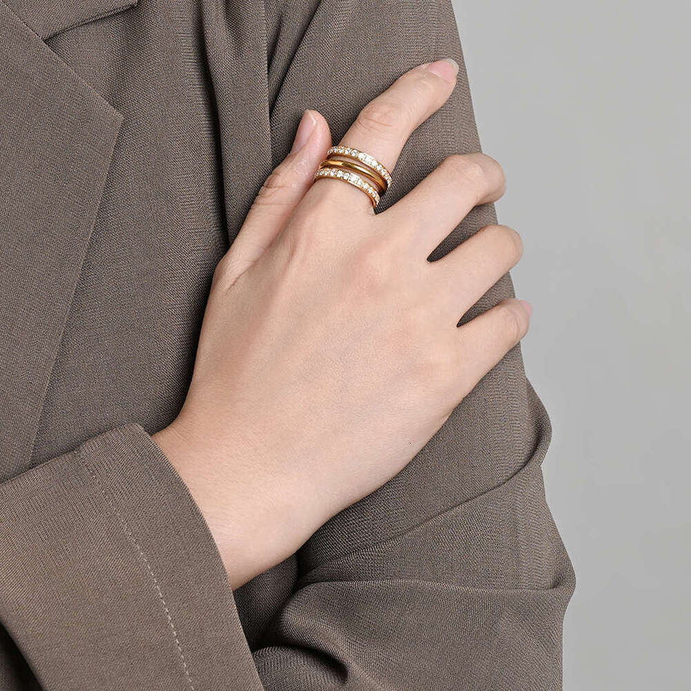 Hot Selling Three-Layer Stacked Rings for Women Titanium Steel Gold-Plated Diamond-Encrusted Light Luxury High-End Jewelry