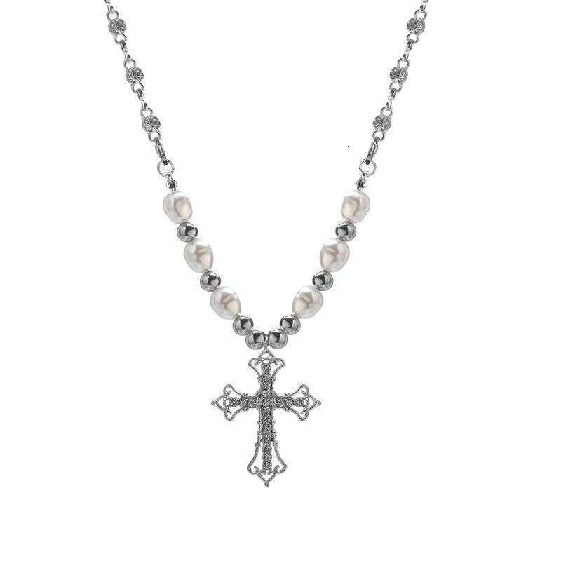 DHCollections Punk Pearl Choker Necklace - Gothic Cross Pendant Chain for Men & Women | Hip Hop Retro Jewelry (38cm+10cm Extender)