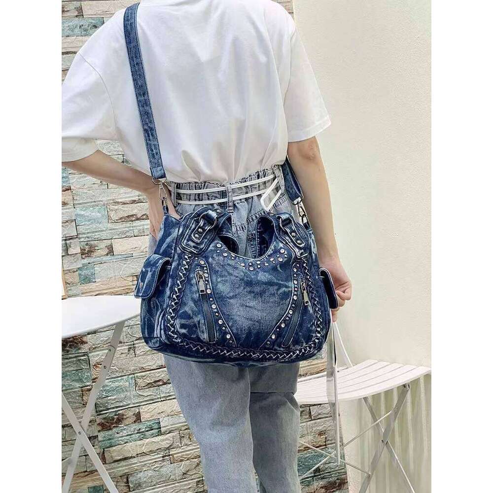 HIGHREAL High Quality Handbag Rivets Women Designer Shoulder Large-Capacity Wash Denim Girls Messenger Bag