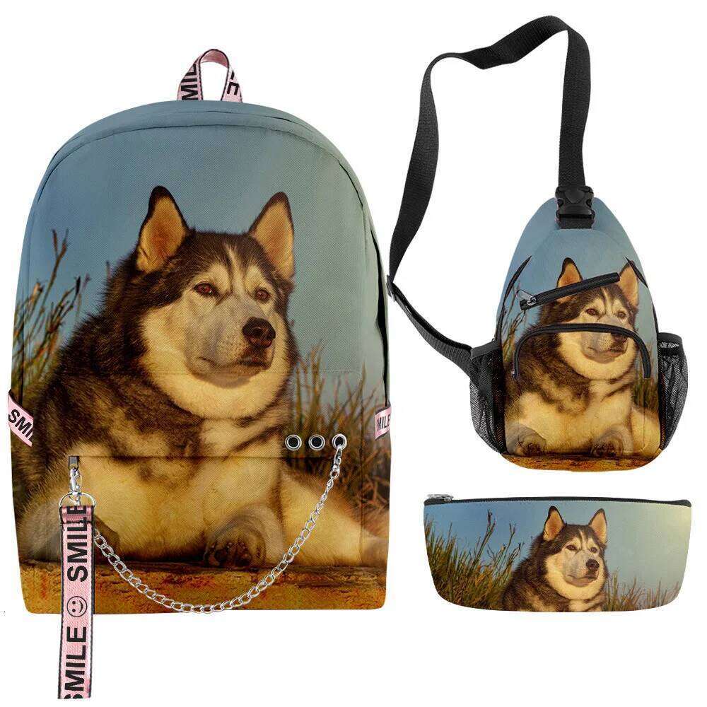 Novelty Creative Cool Husky 3D Print 3pcs/Set School Bags multifunction Travel Backpack Chest Bag Pencil Case
