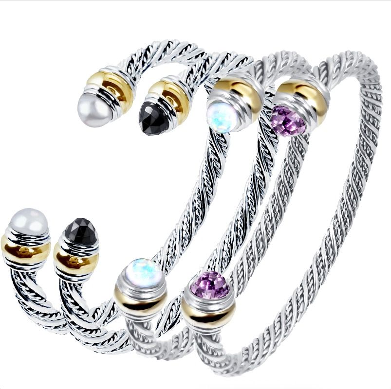 Luxury D Y Pearl Cuff Bangle Bracelet 7mm open size Rhinestone Bangles Gemstone Accents for Stacking Boho Chic Bangles Bracelets Gift for Women