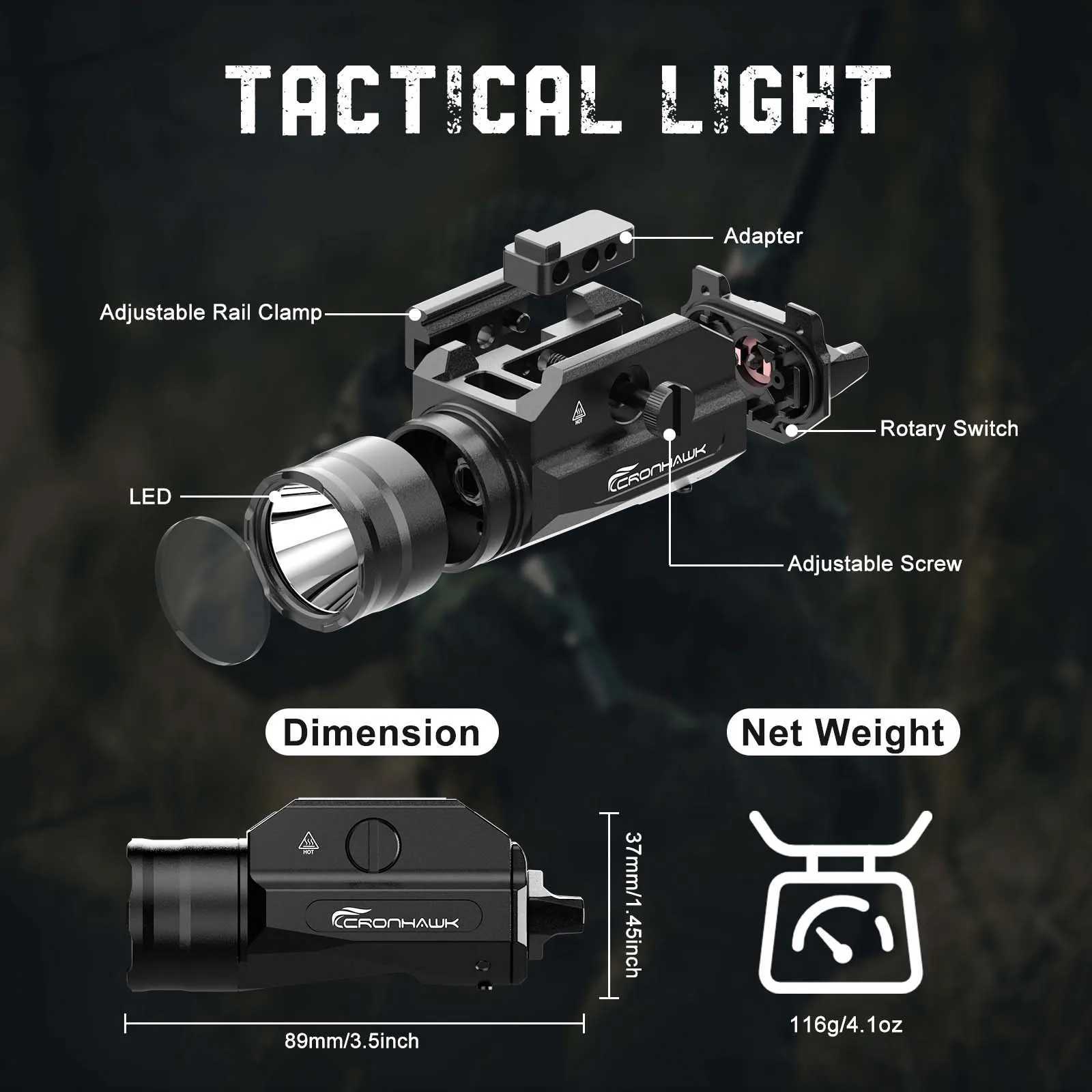 Tactical Metal Pistol Light 1350 Lumens Airsoft Weapon Light Fit 20mm Picatinny Rail Mounted Powerful Strobe Handgun Flashlight XJ250701