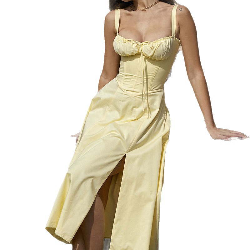 F72Popular square neck pleated mesh splicing fluffy short sleeve dress