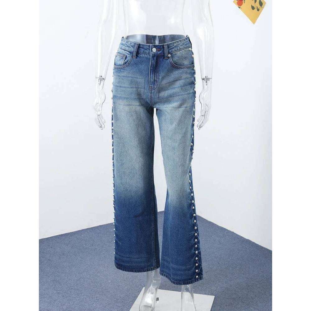 hoodie Wear Bead Women's Denim Jean Loose High Waisted Pockets Zipper All-Match Straight Leg Trouser Female Y2k Street Lady Outwear jacket