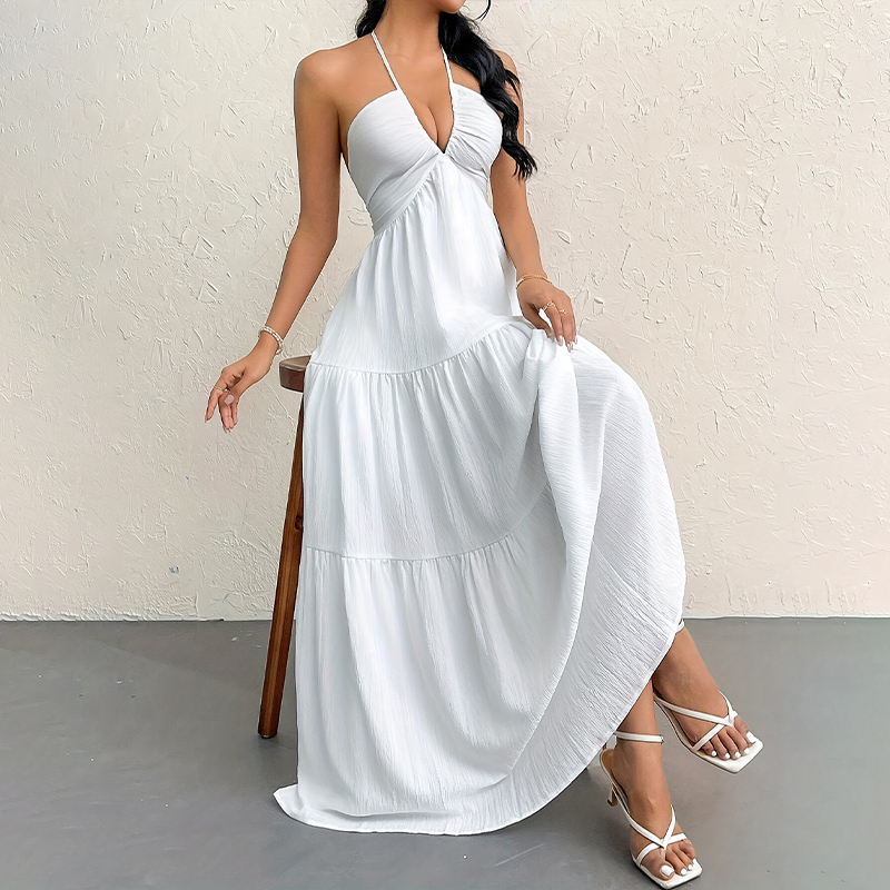 Women's French Summer Style Long-Dress - High-End Vacation Wear With V-Neck & Open Back Detailing