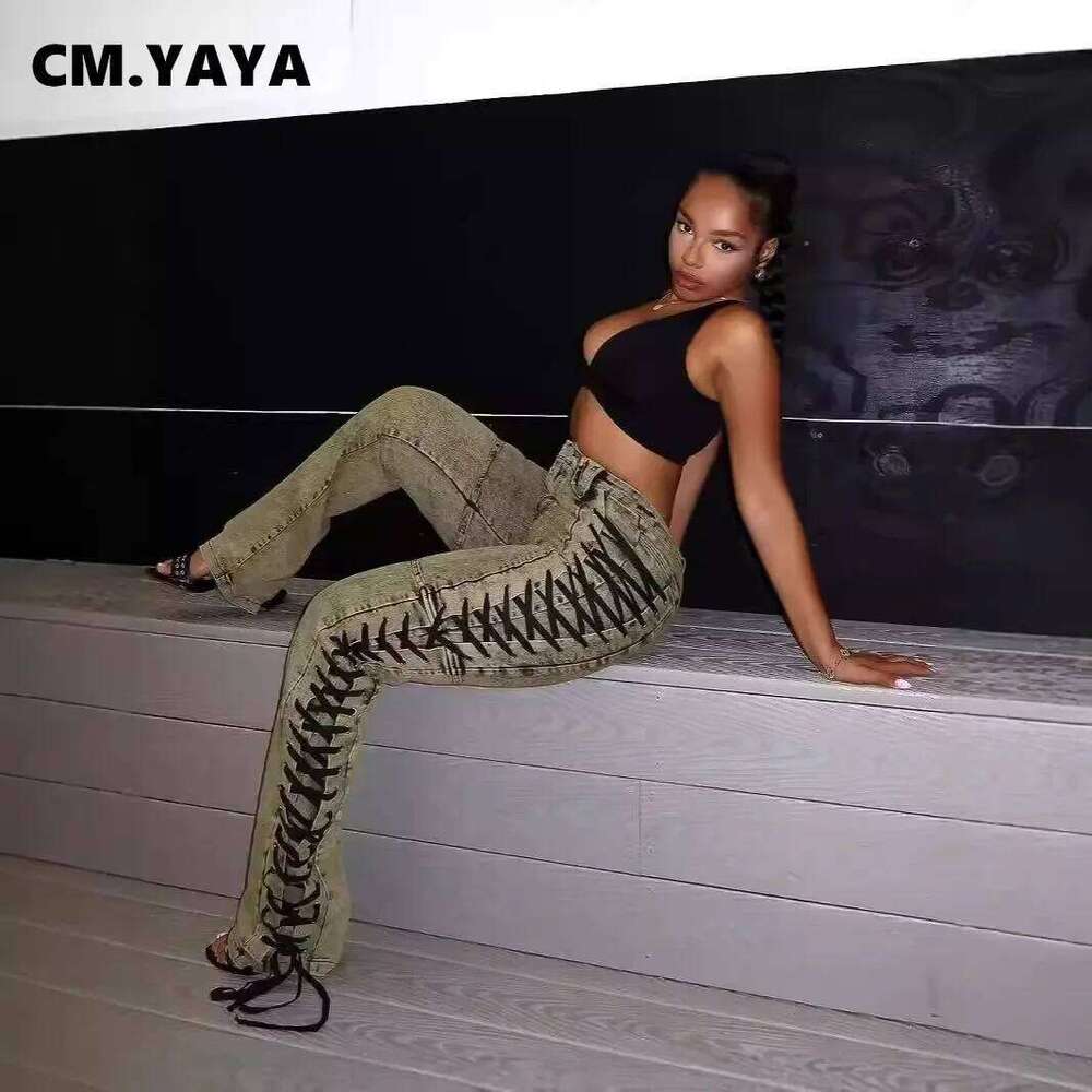 hoodie Wear Cm.Yaya Women Streetwear Cutout Side Lace Up Cargo Pencil Denim Wide Leg Jeans Pants Fall Casual Fashion Holiday Trousers jacket
