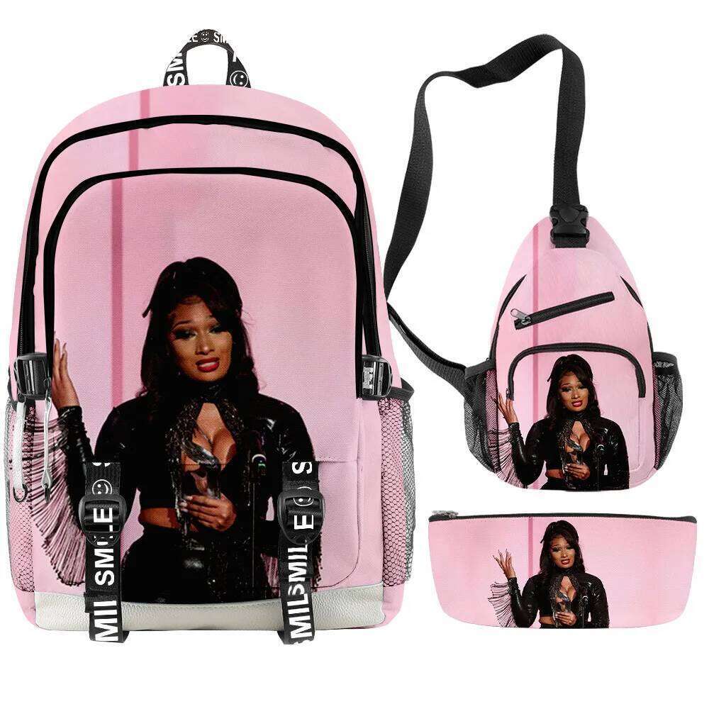 Fashion Novelty megan thee stallion 3D Printed 3pcs/Set Student School Bags multifunction Travel Backpack Chest Bag Pencil Case